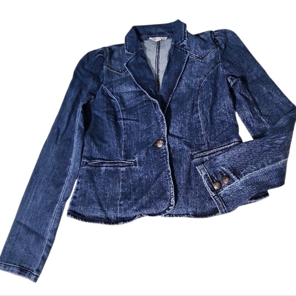 For The Republic Denim Blazer Womens Small Blue Puff Sleeve Tailored Cottagecore